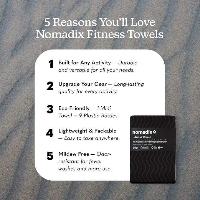 Nomadix Fitness Towel- Microterry Quick-Dry Gym & Yoga Sweat Towel, Odor-Resistant, Ultra Absorbent, Sand & Pet Hair-Resistant, Recycled Material, 30″×16″- Regenerative Black