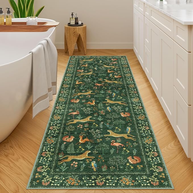 DUKINO 2x10 Kitchen Runner Rug, Soft Non Slip Animal Washable Rug, Green | Low Pile, Non-Shedding Indoor Carpet Runner for Hallway, Entryway, Bedroom, Bathroom, Laundry, Pet Friendly, Stain Resistant