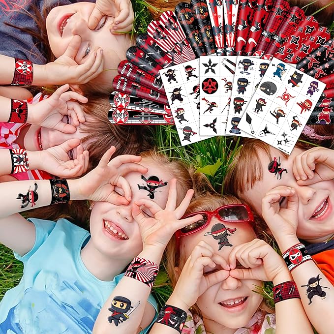 72PCS Ninja Party Favors for Kids - 48 Pre-cut Temporary Tattoos & 24 Slap Bracelets - Ninja Birthday Decorations, Classroom Prizes, Goodie Bag Gifts for Boys & Girls7
