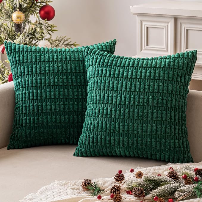 MIULEE Corduroy Decorative Throw Pillow Covers 18x18 Dark Green Pack of 2 | Soft Boho Striped Pillow Covers Modern Farmhouse Home Decor For Sofa Living Room Couch Bed