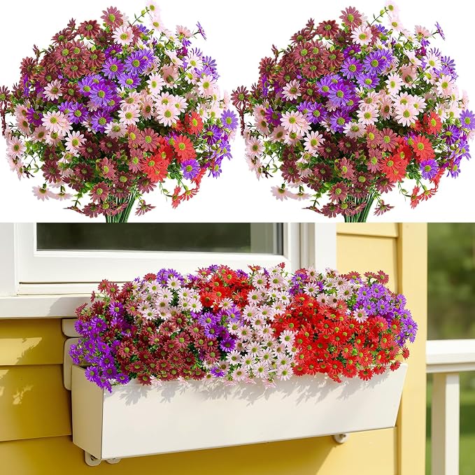 Alupssuc 20 Bundles Artificial Daisies Flowers Fake Plant for Indoor Outdoor Decor, Faux Spring Flowers for Garden, Porch & Patio Decoration,RedPurpleBrownPink