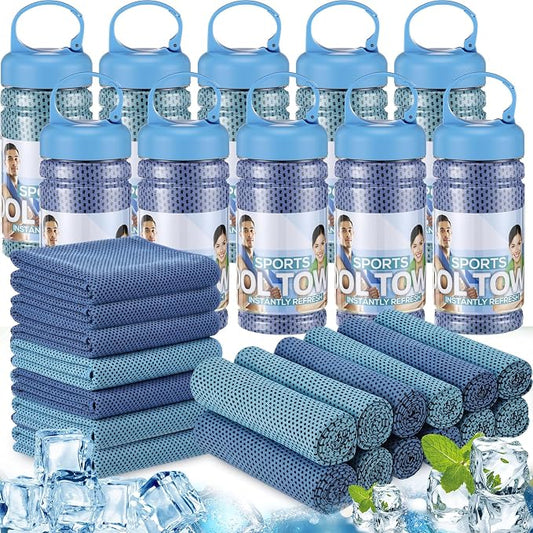 Honoson 20 Pcs Cooling Towels for Neck and Face, 47"x12" Sports Breathable Ice Towels Microfiber Chilly Sweat Rags with Portable Bottle for Gym Golf Athletes Yoga Workout Hot Weather (Light Dark Blue)