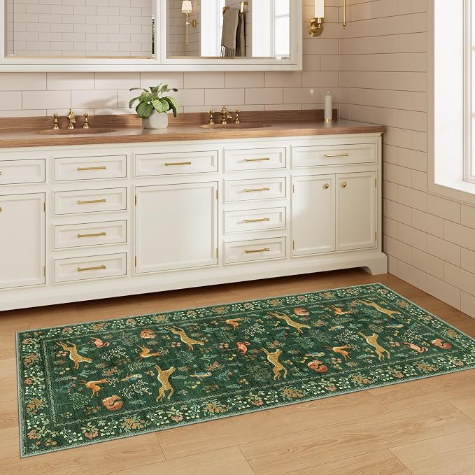 DUKINO 2x5 Rug for Hallway, Washable Animal Runner Rug Non Slip, Green | Low Pile, Stain Resistant, Soft Indoor Carpet Runner for Kitchen, Entryway, Bedroom, Bathroom, Pet Friendly, Lightweight