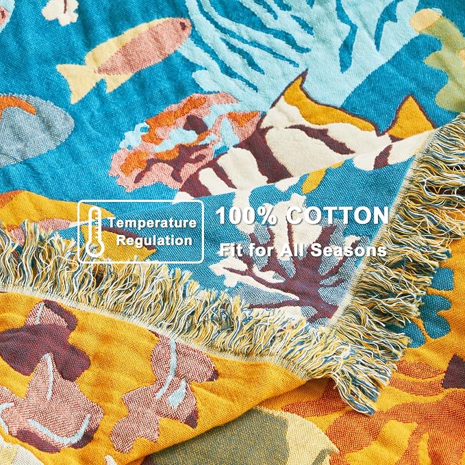 LUTBM Boho Throw Blanket for Bed 60"x80", All Season Cotton Couch Blankets | Underwater Ocean Life Jacquard, Twin Quilt, For Chair Sofa Bedroom Living Room, Lightweight & Breathable Gauze, Home Decor