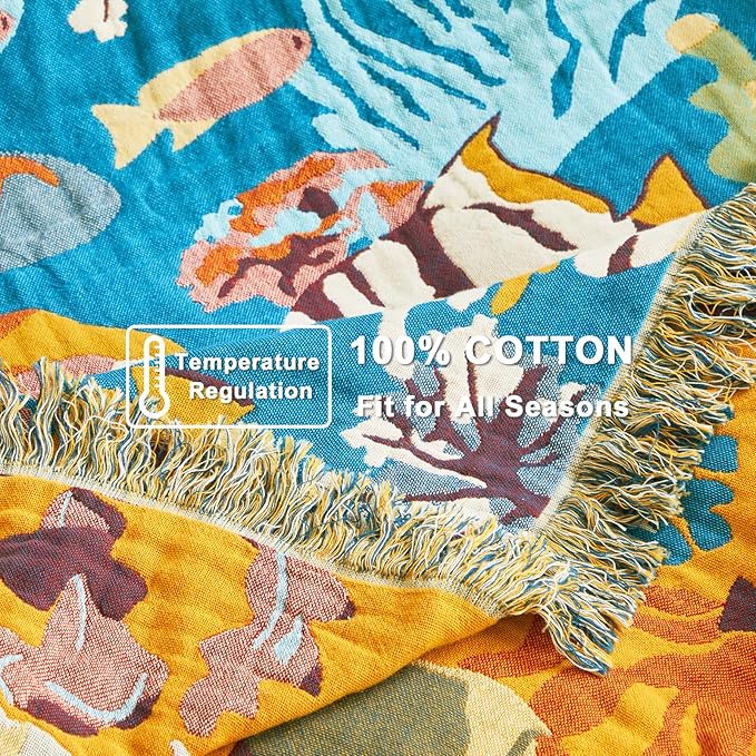 LUTBM Boho Throw Blanket for Couch 50"x60", Cotton Decorative Bed Throw | Underwater Ocean Life Jacquard, All-Season Muslin Blankets, For Chair Sofa Living Room Decor, Lightweight & Breathable Gauze