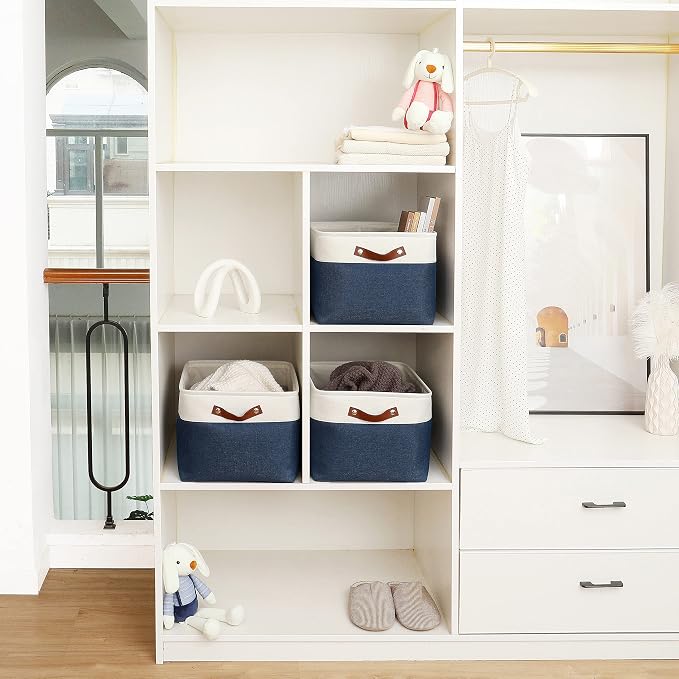 OrganiHaus 16x12.5in Storage Baskets, 3 Pack - Fabric Bins for Shelves | Vegan leather handles; a decorative linen closet organizer, towel and clothes container