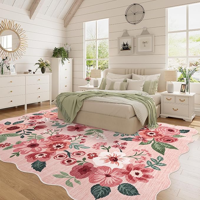 DUKINO 5x7 Area Rugs for Bedroom, Floral Washable Rug Non Slip, Pink | Low Pile, Soft, Stain Resistant Throw Rugs for Living Room, Dining Room, Office, Nursery, Pet Friendly, Modern Home Decor