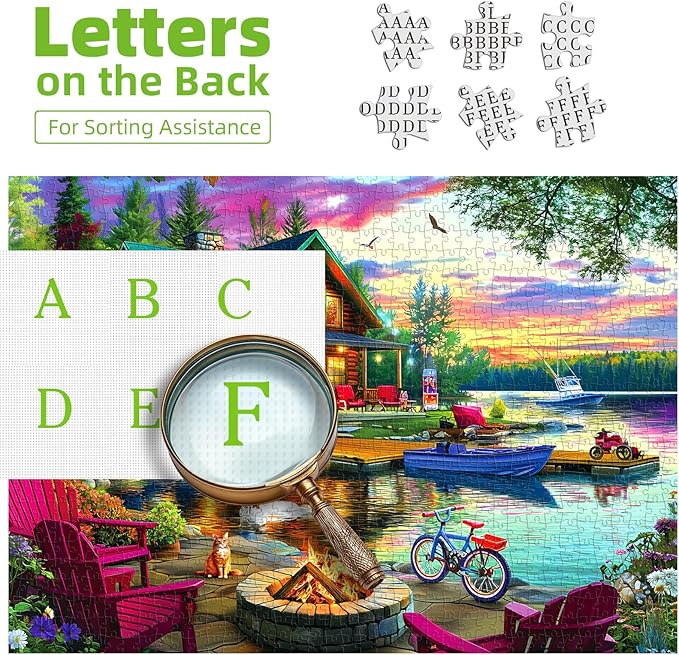 1000 Piece Puzzle for Adults Lakeside Sunset Log Cabin Jigsaw Adult Puzzles with Fire Pit & Dock Lake Landscape Puzzle with Letters on Back, Fun Games for Adult Game Night