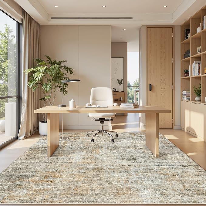 Soalmost Abstract Area Rug 6x9 for Living Room Washable Rugs Orange/Brown | Non-Slip Low-Pile Carpet for Dining Bedroom, Foldable Thin Vintage Stain Resistant Floor Mat Under Table Home Office Nursery