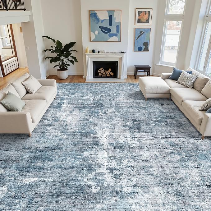 Soalmost 10x14 Area Rugs for Living Room Washable Rug Abstract Blue/Grey | Non-Slip Large Modern Carpet for Dining Bedroom, Soft Low Pile Lightweight Foldable Floor Mat Nursery Home Office Decor
