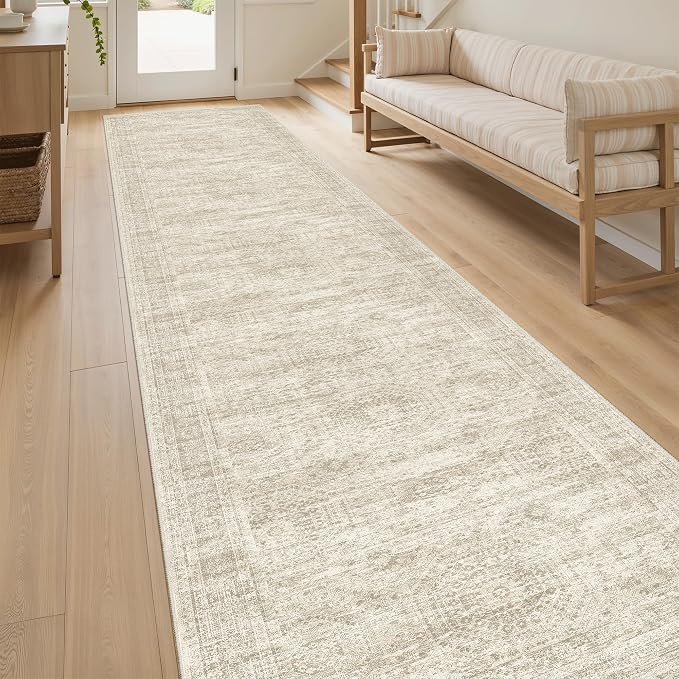 Soalmost Hallway Runner Rug 2'6" x 12' Washable Long Kitchen Rugs Beige | Non-Slip Vintage Runners 2.5x12ft for Bathroom Entryway, Thin Low-Pile Foldable Floor Carpet Mat 12 ft for Corridor Bedroom