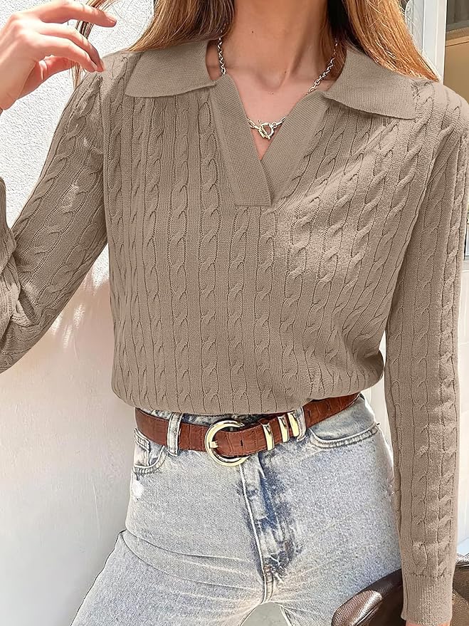 ANRABESS Womens Cable Knit Sweaters Long Sleeve V Neck | Pullover Collared Sweater Tops, Polo Knit Shirts, Business Casual Work, Tennis Golf, Fall Winter Fashion Outfits