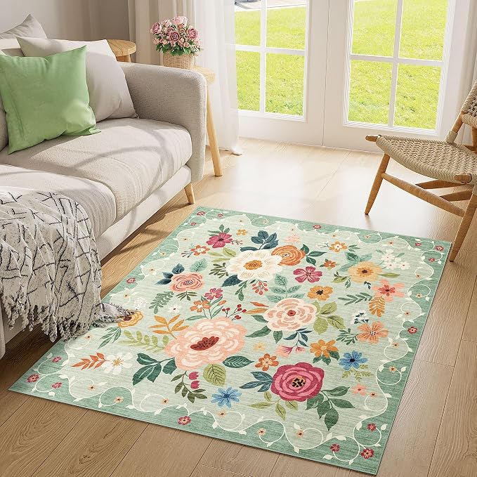 DUKINO 4x4 Square Area Rug, Soft Floral Washable Rug for Entryway, Green | Non Slip, Low Pile, Stain Resistant Indoor Rug for Kitchen, Bedroom, Living Room, Nursery, Pet Friendly, Modern Home Decor