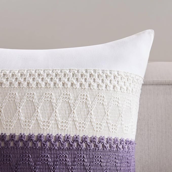 2pk Boho Pillow Covers 18x18, Natural White/Contrast/Purple | 100% Organic Cotton Body, Stripe Embroidery, Farmhouse Decorative Cushion Covers for Sofa Bed Living Room Home Decor