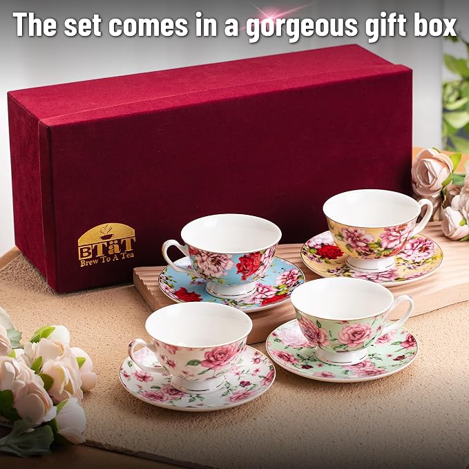 BTaT- Floral Tea Cups and Saucers Set of 4 (8 oz), Porcelain Tea Cup Sets with Gold Trim & Gift Box, Dishwasher & Freezer Safe