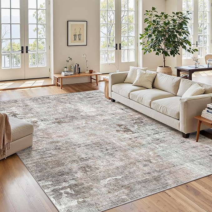 Soalmost Abstract Area Rug 6x9 for Living Room Washable Rugs Pink/Grey | Non-Slip Low-Pile Carpet for Dining Bedroom, Foldable Thin Vintage Stain Resistant Floor Mat Under Table Home Office Nursery