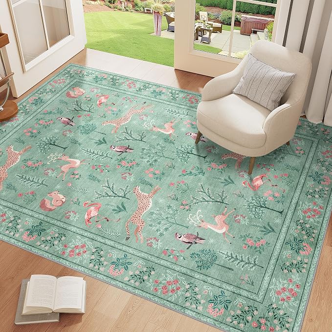DUKINO 4x6 Area Rug, Non Slip Animal Washable Rug for Living Room, Teal | Soft, Low Pile, Stain Resistant Indoor Carpet for Bedroom, Dining Room, Nursery, Farmhouse, Pet Friendly, Non-Shedding