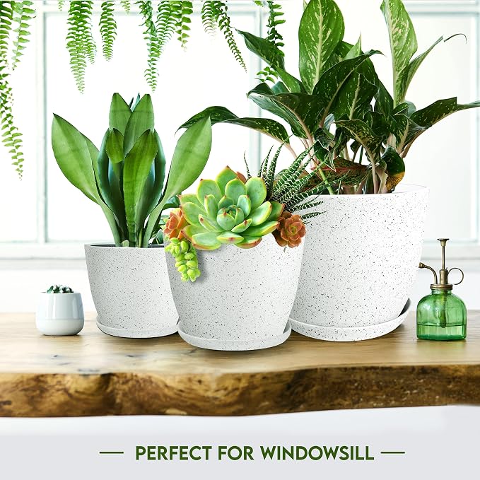 Plant Pots Indoor with Drainage 5 Pack Multi-Size Planters Set Spotty Grey | Drainage holes included Multiple sizes 7/6.6/6/5.3/4.8 In Indoor plants and flowers Durable plastic construction