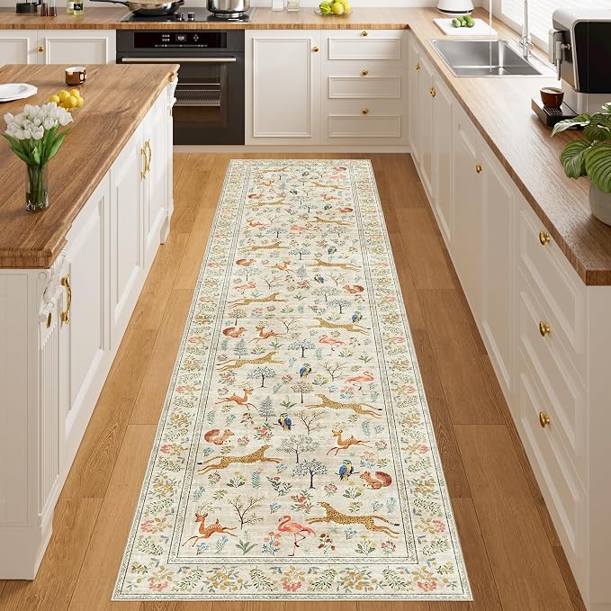 DUKINO 2x8 Washable Runner Rug, Non Slip Animal Kitchen Runner Rug, Beige | Soft, Low Pile, Non-Shedding Indoor Carpet Runner for Hallway, Entryway, Bedroom, Bathroom, Pet Friendly, Stain Resistant