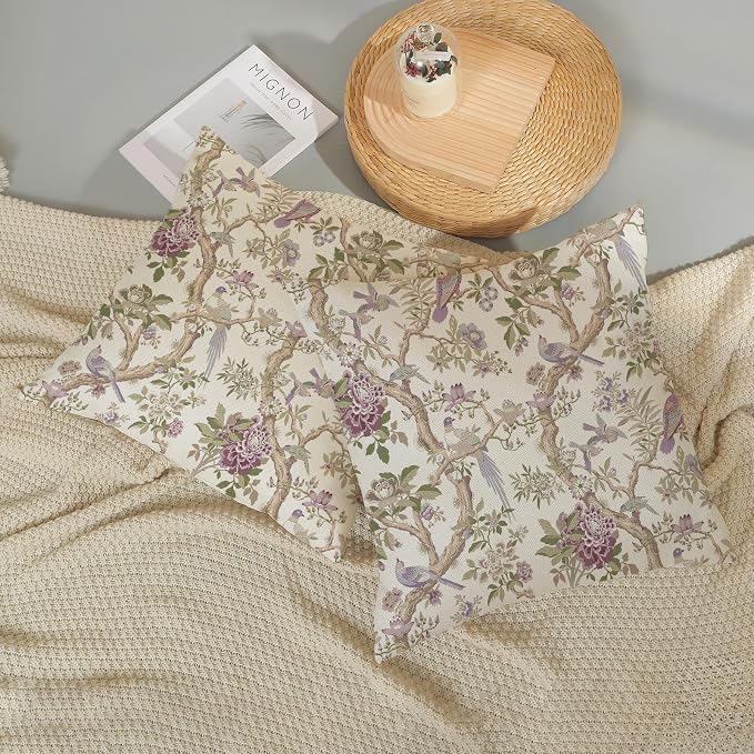 Chinoiserie Pillow Covers 22x22 Set of 2 Purple Green Floral Bird Throw Pillows Vintage Flowers Bird Decorative Pillow Cases Outdoor Chinoiserie Decor Farmhouse Cushion Case for Couch Sofa