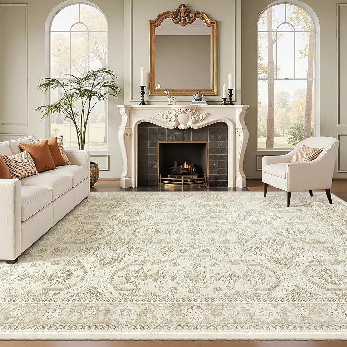 Soalmost 8x10 Area Rugs Large Washable Living Room Rug Non-Slip Beige/Brown | Soft Farmhouse Vintage Carpet for Dining Bedroom, Stain Resistant Low Pile Foldable Thin Floor Mat Under Table Home Decor