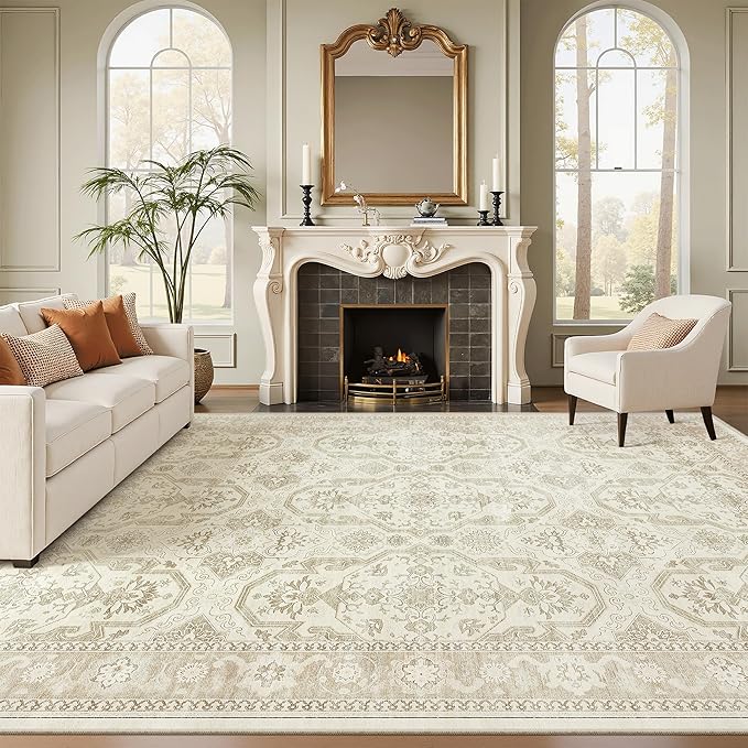 Soalmost 9x12 Area Rugs for Living Room Washable Rug Non-Slip Beige/Brown | Large Vintage Stain Resistant Carpet for Dining Bedroom, Low Pile Lightweight Foldable Floor Mat Nursery Home Office Decor