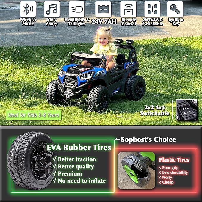 Sopbost 24V Premium 4x4 Ride On UTV for Kids with Remote Control, Electric Off-Road Truck with EVA Rubber Tires, 2WD/4WD Switch, Music & LED Lights, Battery Powered Car for Big Kids Ages 3–8 (Blue)