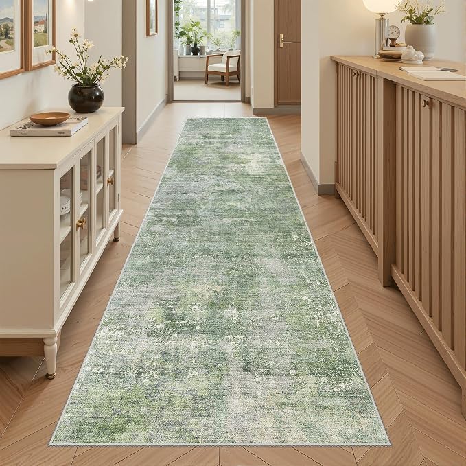 Soalmost Abstract Runner Rug 2x8 Hallway Kitchen Runners Green/Ivory | Vintage Washable Rugs for Bathroom Laundry Room, Low Pile Stain Resistant Floor Carpet Mat Entryway Corridor Bedroom