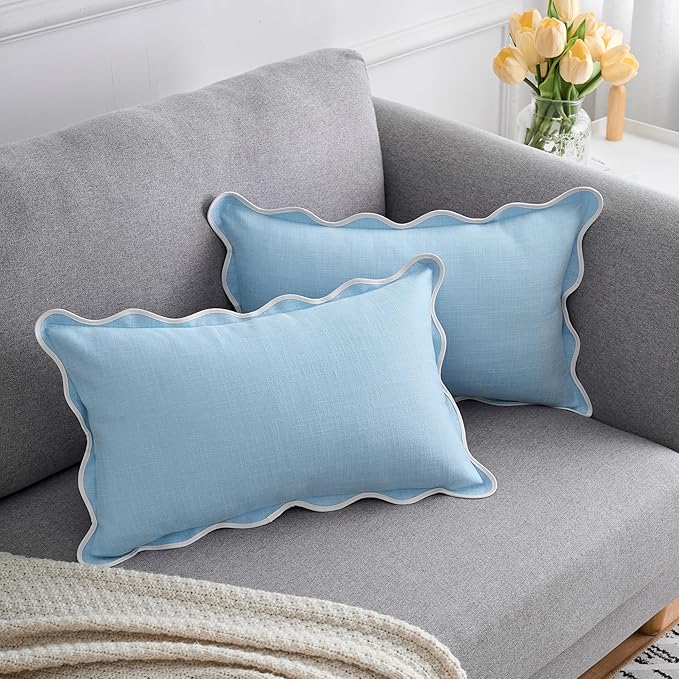 Scalloped Pillow Covers Set of 2 for Living Room | Spring Decorative Sofa Couch Lumbar Pillows | Boho Sytle Decorative Home | Aesthetic Funky Preppy Pillow Cases (Blue, 12x20 Inch)