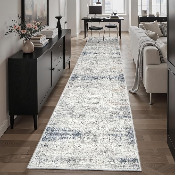 Soalmost Runner Rug 2x10 Washable Hallway Kitchen Runners Blue/Ivory | Non-Slip Vintage Rugs for Bathroom Laundry Room, Soft Low Pile Foldable Floor Carpet Mat for Entryway Corridor Bedroom