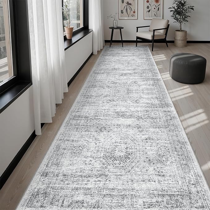 Soalmost Washable Hallway Runner Rug 3x10 Kitchen Entry Rugs Non-Slip, Grey | Vintage Long Runners 10ft for Bathroom Laundry Room, Foldable Low-Pile Wide Floor Carpet Mat for Entryway Corridor Bedroom