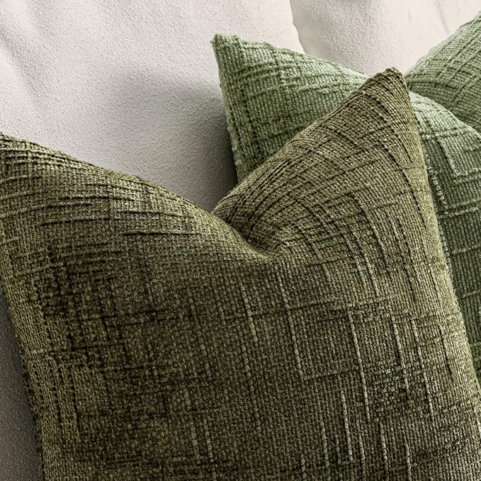 MIULEE Chenille Textured Throw Pillow Covers Olive Green 18x18 Set of 2 | Slubby Decorative Pillows, Boho Farmhouse Home Decor, Modern Neutral Cushion Covers for Couch Sofa Bed Living Room