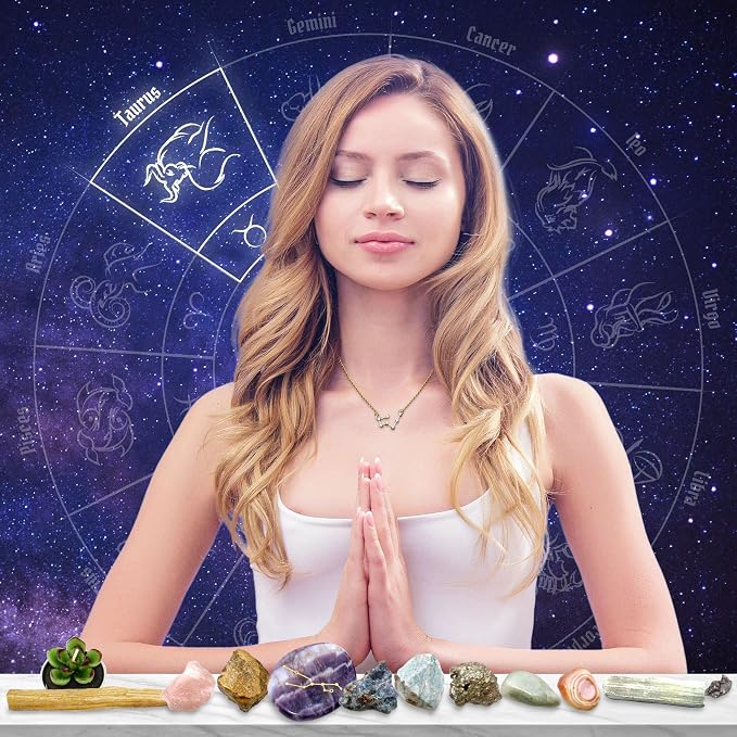 DANCING BEAR Taurus Zodiac Healing Crystals Gift Set (14 Pc): 9 Stones, 18K Gold-Plated Constellation Necklace, Meteorite, Succulent Candle, Palo Santo Smudge Stick & Info Guide, Made in The USA
