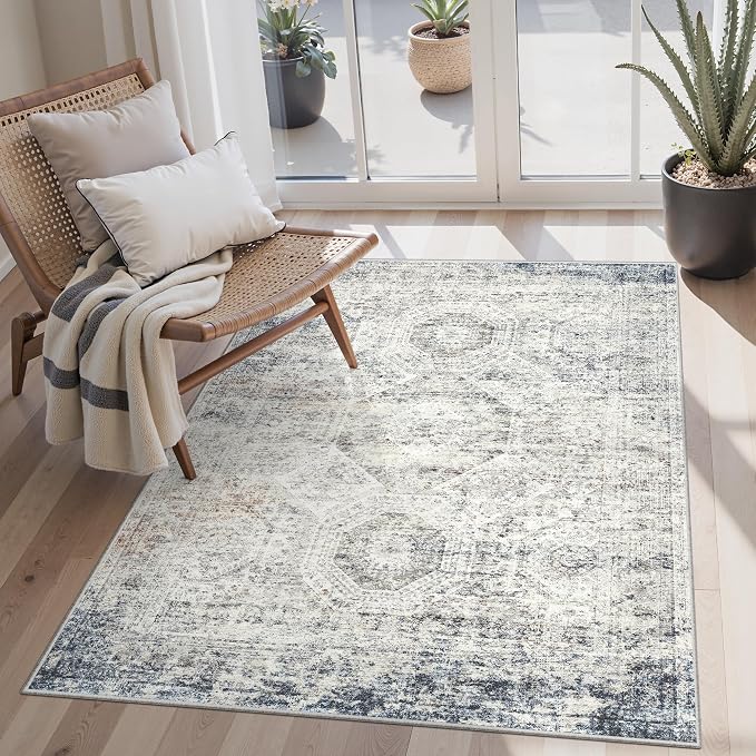 Soalmost 3x5 Rugs, Small Washable Kitchen Entryway Area Rug Blue/Ivory | Vintage Low Pile Carpet for Nursery Coffee Table Bathroom, Foldable Stain Resistant Indoor Door Mat Entrance Powder Room