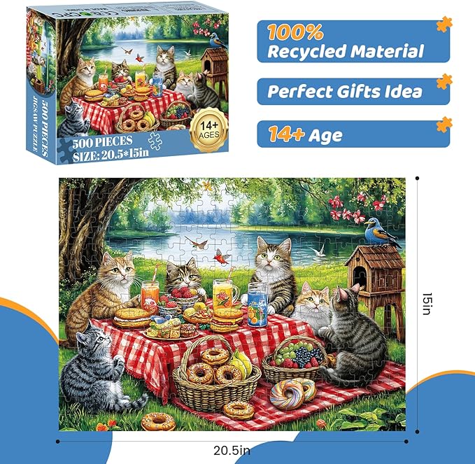 500 Piece Puzzles for Adults, Cat Family Dinner Large Piece Jigsaw Puzzle for Adults Seniors,Recycled Cardboard Puzzle 500 Piece,Family Activity Great Gift for Family Friends 20.5 * 15 in