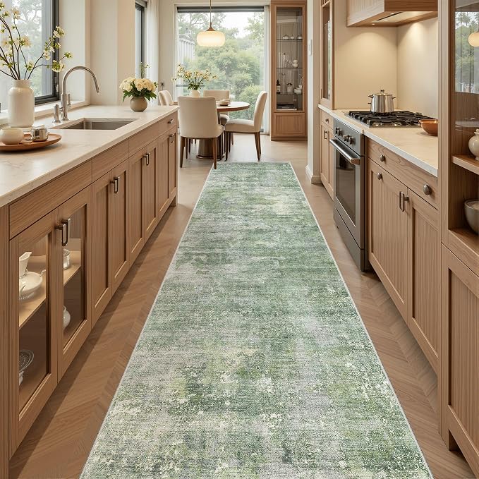 Soalmost Abstract Runner Rug 2x12 Hallway Kitchen Runners Green/Ivory | Vintage Washable Rugs for Bathroom Laundry Room, Low Pile Stain Resistant Floor Carpet Mat Entryway Corridor Bedroom