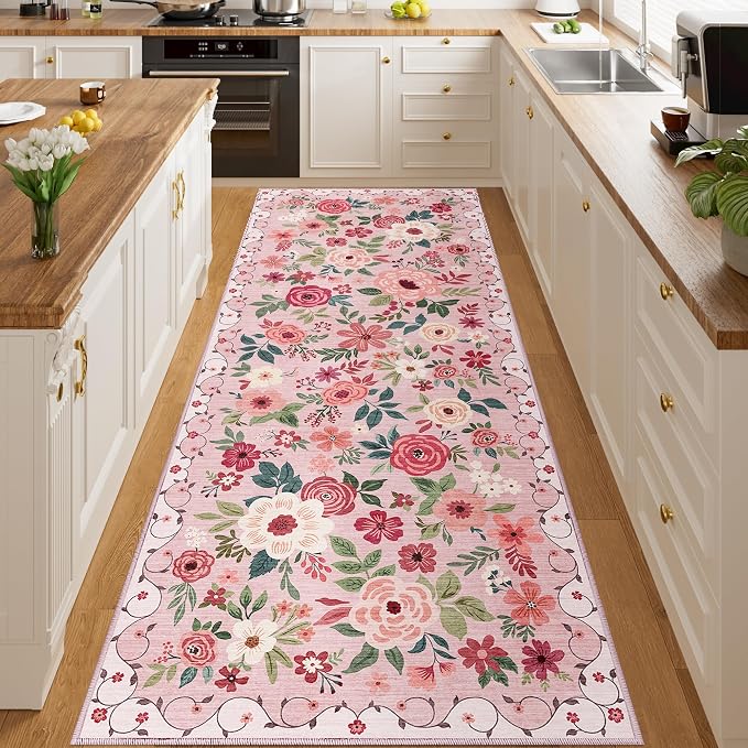 DUKINO 3x8 Kitchen Runner Rug, Washable Rug for Hallway Non Slip, Pink | Soft, Low Pile, Floral Indoor Carpet Runner for Hallway, Entryway, Bedroom, Bathroom, Laundry, Pet Friendly, Home Decor