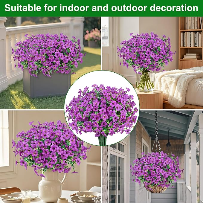 Ouddy Decor 24 Pcs Artificial Flowers for Outdoors Decorations, Purple | Lifelike silk flowers, UV resistant, faux plastic plants, for garden porch window table vase home indoor outdoor decor