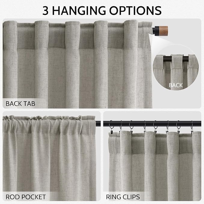 Silver Grey Linen Back Tab Curtains 84 Inch Length for Bedroom Neutral Modern Farmhouse Window Privacy Semi Sheer Linen Drapes Rustic Pinch Pleated Look Curtain for Living Room 52x84,2 Panel