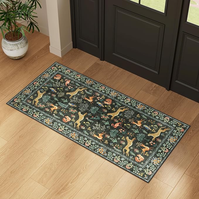 DUKINO 2x4 Rug for Entryway, Animal Washable Runner Rug for Kitchen, Black | Non Slip, Low Pile, Stain Resistant Thin Indoor Carpet for Hallway, Bedroom, Bathroom, Laundry, Pet Friendly, Non-Shedding