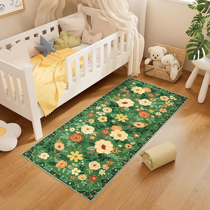 DUKINO 2x5 Runner Rug, Floral Washable Rug for Kitchen Non Slip, Dark Green | Low Pile, Soft, Stain Resistant Indoor Rug Runner for Entryway, Hallway, Bedroom, Bathroom, Laundry, Pet Friendly, Home Decor