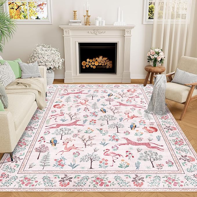 DUKINO 6x9 Area Rug, Washable Animal Living Room Rug Non Slip, Pink | Soft, Low Pile, Non-Shedding Indoor Large Carpet for Bedroom, Dining Room, Kids PlayRoom, Farmhouse, Pet Friendly, Home Decor