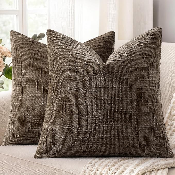 decorUhome Textured Chenille Throw Pillow Covers 24x24 Set of 2 Dusty Brown | Fall Modern Farmhouse Soft Cozy Slubby Couch Pillow Cases Boho Decorative Pillow Cases for Bed Sofa Living Room Home Decor