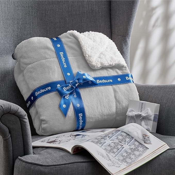 Bedsure GentleSoft Sherpa Fleece Throw Blanket for Couch, Non-Heated, Thick and Warm Throw for Women and Men, Soft Fuzzy Plush Blanket for Winter, Light Grey, 50x60 Inches
