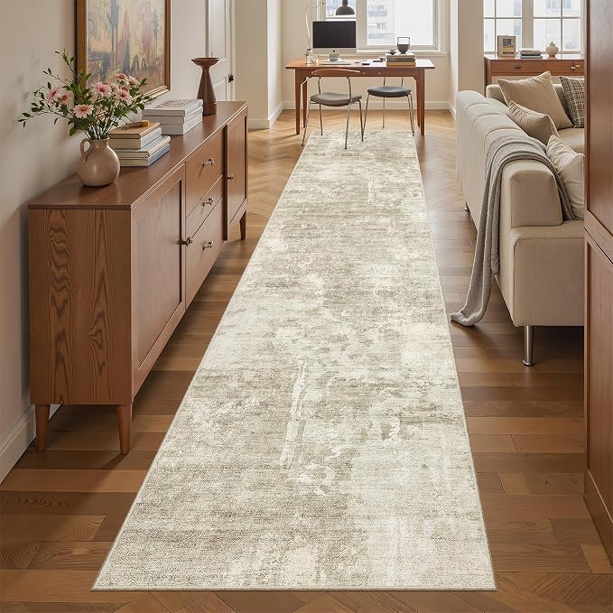 Soalmost Abstract Runner Rug 2x12 Hallway Kitchen Runners Beige/Gray | Vintage Washable Rugs for Bathroom Laundry Room, Low Pile Stain Resistant Floor Carpet Mat Entryway Corridor Bedroom