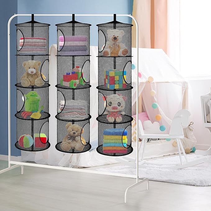 3Pcs Hanging Mesh Space Saver Bags Organizer, Foldable Storage Organizer 4 Compartments Toy Storage Organizer for Kid Room Toys, Gloves,Hats,Socks Storage (Black)