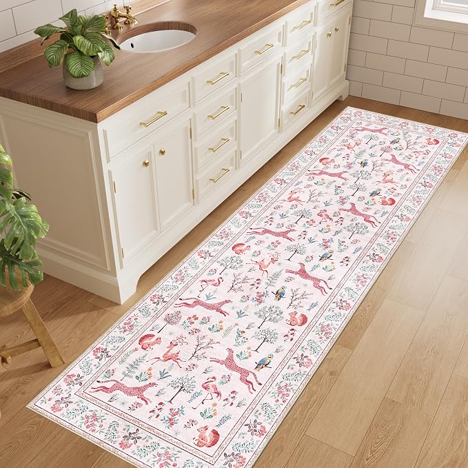 DUKINO 2x6 Runner Rug, Washable Animal Kitchen Rugs Non Slip, Pink | Soft, Low Pile, Stain Resistant Indoor Carpet for Hallway, Entryway, Bedroom, Bathroom, Laundry,Pet Friendly, Lightweight