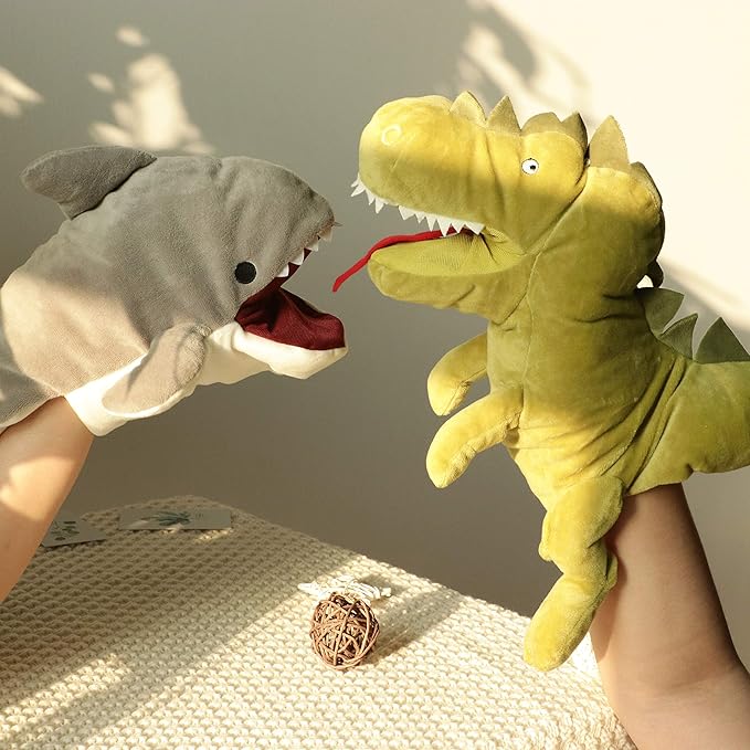 Hopearl Plush Dinosaur Hand Puppet T-Rex Puppet with Open Movable Mouth for Imaginative Play, Role Play, Interactive Toy for Storytelling Teaching Puppet Theater, Birthday Gift for Kids, Green, 13''