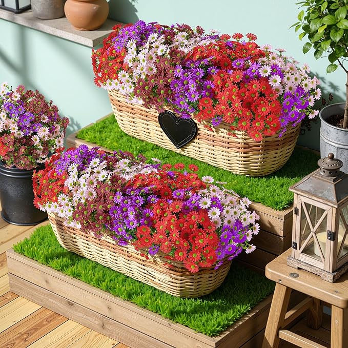 Alupssuc 20 Bundles Artificial Daisies Flowers Fake Plant for Indoor Outdoor Decor, Faux Spring Flowers for Garden, Porch & Patio Decoration,RedPurpleBrownPink