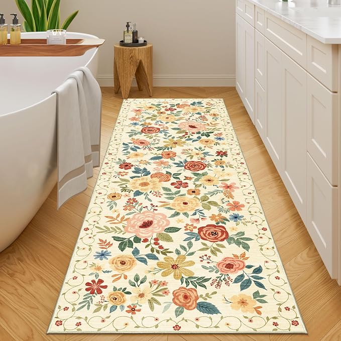 DUKINO 2.6x8 Hallway Runner Rug, Washable Runner Rug Non Slip, Beige Yellow | Low Pile, Soft, Floral Indoor Rug for Kitchen, Entryway, Bedroom, Bathroom, Pet Friendly, Stain Resistant, Modern Home Decor